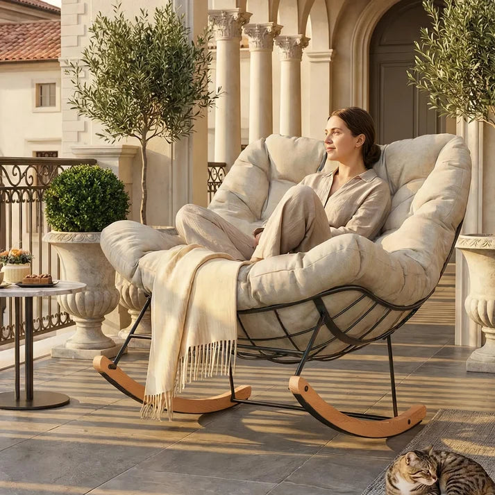 SLIVA – Fauteuil à Bascule Extérieur Coussin Épais Acier & Bois d'Érable