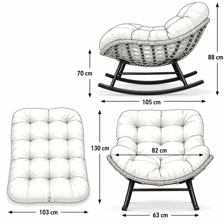 BALINA - Fauteuil à Bascule Papasan Rotin Plein & Coussin Épais
