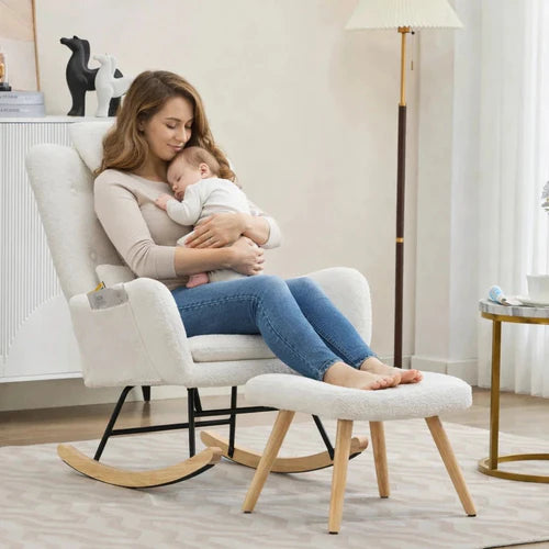 NUVEA - Rocking Chair Allaitement Ergonomique Teddy Blanc - Fauteuil à Bascule Repose-pieds Appuie-tête Lombaire