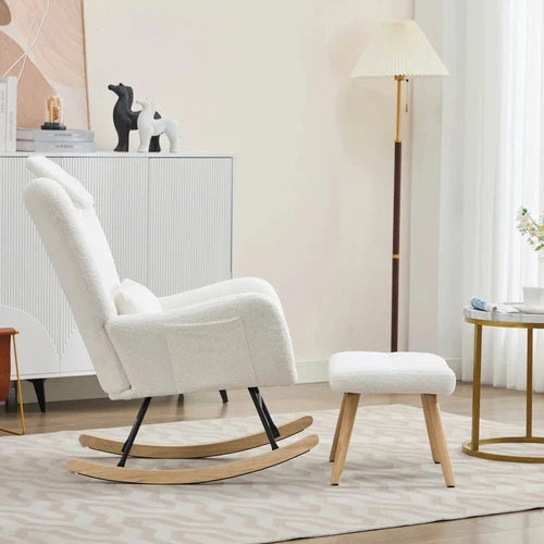 NUVEA - Rocking Chair Allaitement Ergonomique Teddy Blanc - Fauteuil à Bascule Repose-pieds Appuie-tête Lombaire