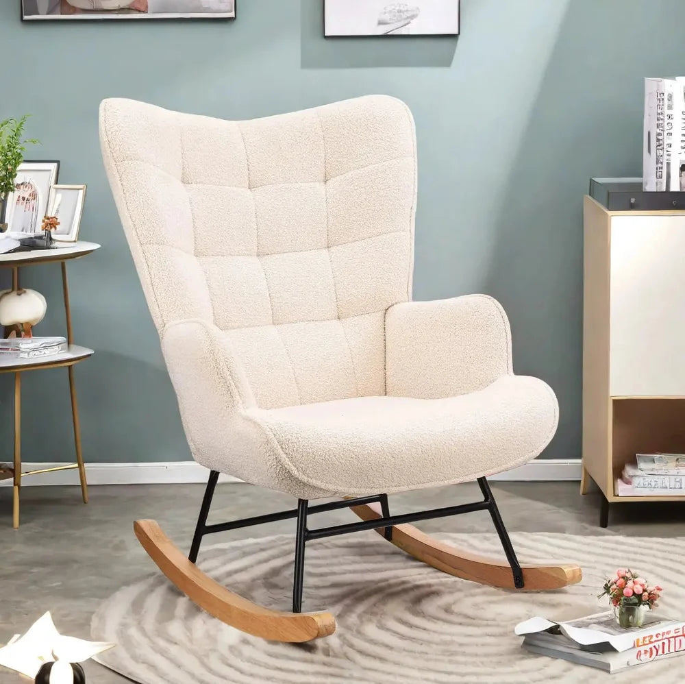 NUVOA Teddy - Rocking Chair Allaitement Dossier Haut - Fauteuil à Bascule Tissu Teddy Chambre Bébé