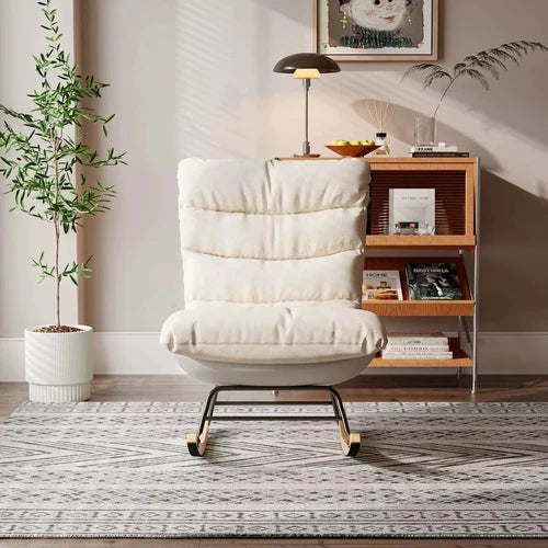 BELOA - Rocking Chair Cocon Tissu Moelleux Beige - Fauteuil à Bascule Design Bois Métal Antidérapant