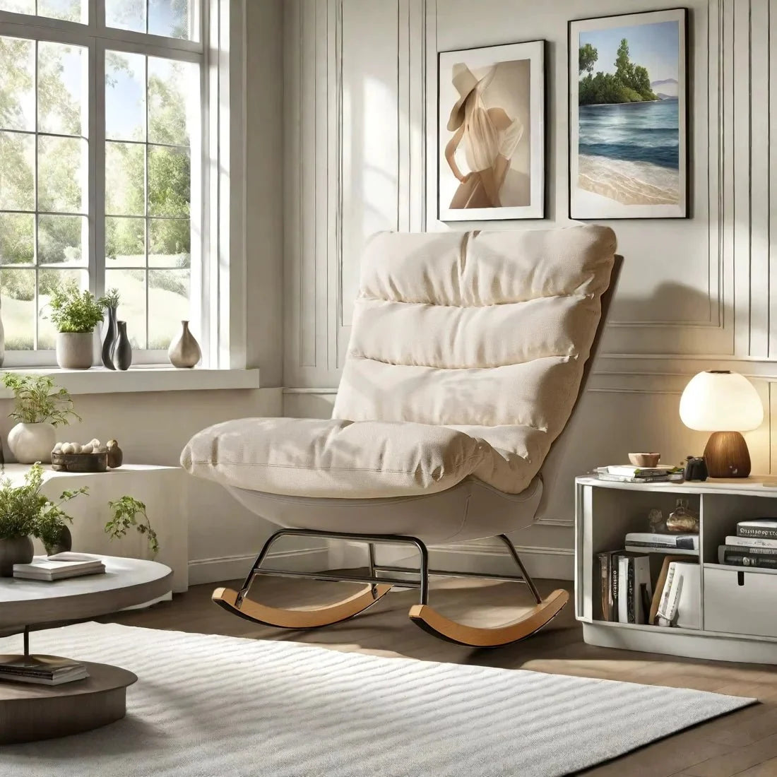 BELOA - Rocking Chair Cocon Tissu Moelleux Beige - Fauteuil à Bascule Design Bois Métal Antidérapant