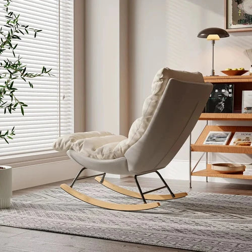 BELOA - Rocking Chair Cocon Tissu Moelleux Beige - Fauteuil à Bascule Design Bois Métal Antidérapant