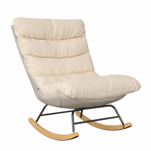 BELOA - Rocking Chair Cocon Tissu Moelleux Beige - Fauteuil à Bascule Design Bois Métal Antidérapant