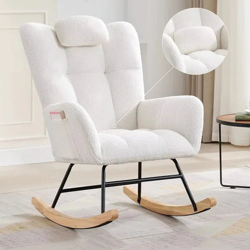 WINGA - Rocking Chair Allaitement Wingback Teddy Bouclé - Fauteuil à Bascule Appuie-tête Amovible
