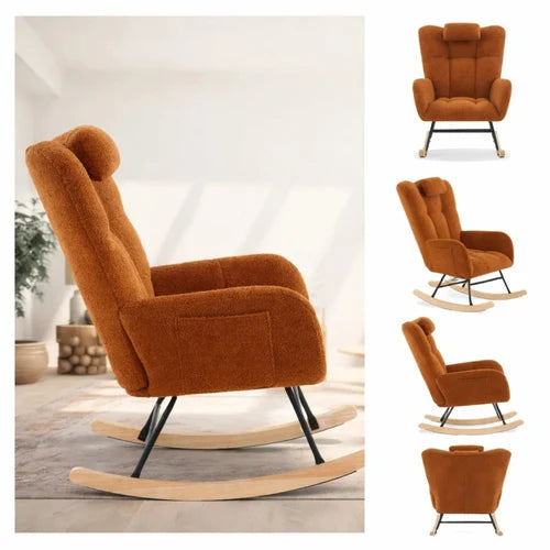 WINGA - Rocking Chair Allaitement Wingback Teddy Bouclé - Fauteuil à Bascule Appuie-tête Amovible