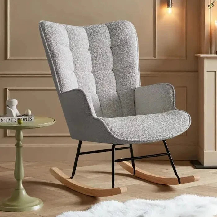 NUVOA Teddy - Rocking Chair Allaitement Dossier Haut - Fauteuil à Bascule Tissu Teddy Chambre Bébé