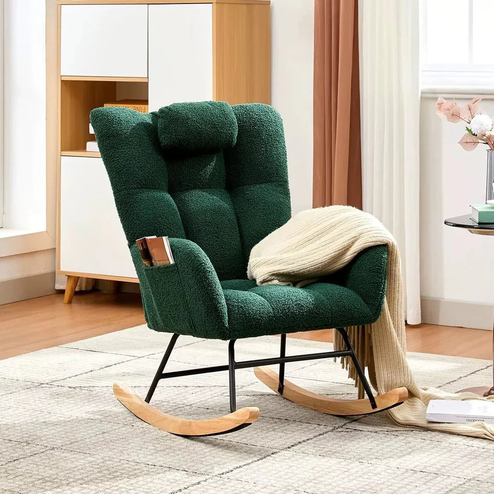 WINGA - Rocking Chair Allaitement Wingback Teddy Bouclé - Fauteuil à Bascule Appuie-tête Amovible