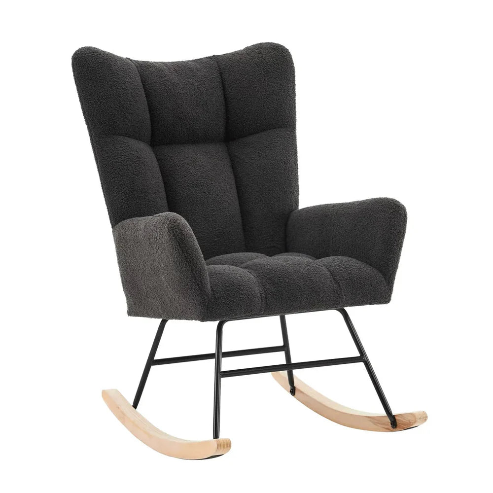 NUVIA - Rocking Chair Allaitement Bouclé Dossier Haut - Fauteuil à Bascule Scandinave Métal Noir