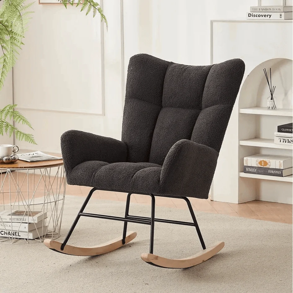 NUVIA - Rocking Chair Allaitement Bouclé Dossier Haut - Fauteuil à Bascule Scandinave Métal Noir