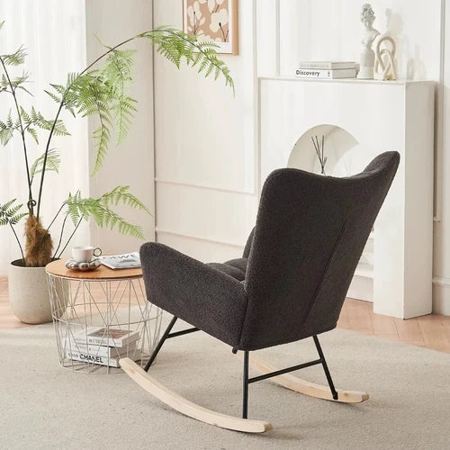 NUVIA - Rocking Chair Allaitement Bouclé Dossier Haut - Fauteuil à Bascule Scandinave Métal Noir