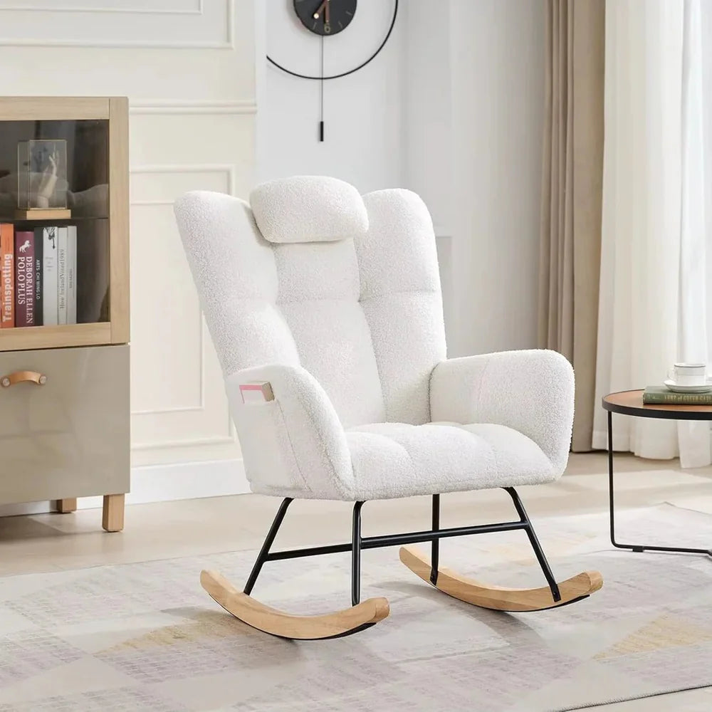 WINGA - Rocking Chair Allaitement Wingback Teddy Bouclé - Fauteuil à Bascule Appuie-tête Amovible