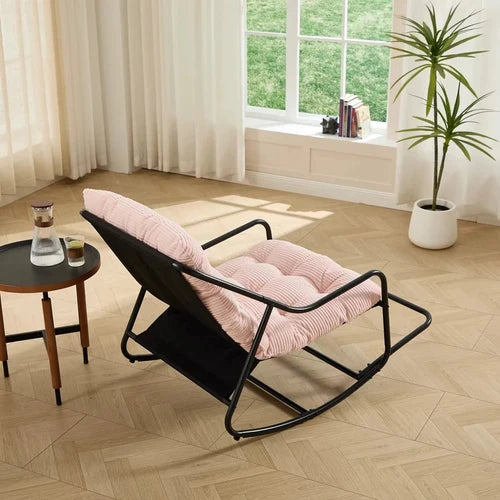 KORDA - Rocking Chair Design Corduroy Capitonné Cadre Métal Noir - Fauteuil à Bascule Lounge Rose Blush Bleu Vert Ivoire