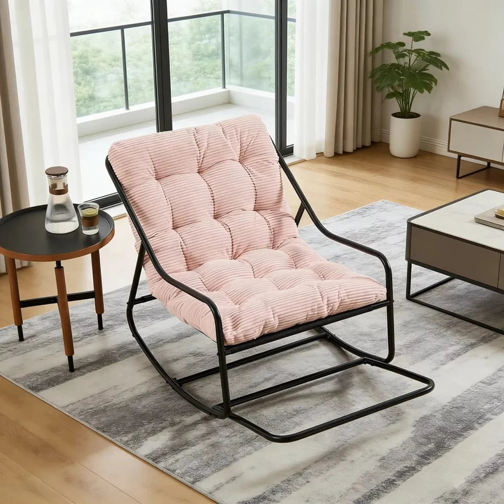 KORDA - Rocking Chair Design Corduroy Capitonné Cadre Métal Noir - Fauteuil à Bascule Lounge Rose Blush Bleu Vert Ivoire