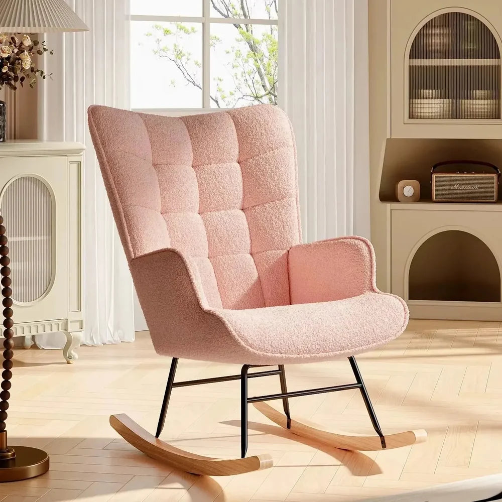 NUVOA Teddy - Rocking Chair Allaitement Dossier Haut - Fauteuil à Bascule Tissu Teddy Chambre Bébé