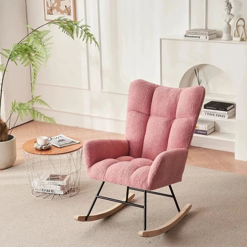 NUVIA - Rocking Chair Allaitement Bouclé Dossier Haut - Fauteuil à Bascule Scandinave Métal Noir