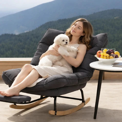 KLINO - Rocking Chair Inclinable 180° Corduroy Repose-pieds - Fauteuil à Bascule Extérieur Bois Métal Coussin Lavable