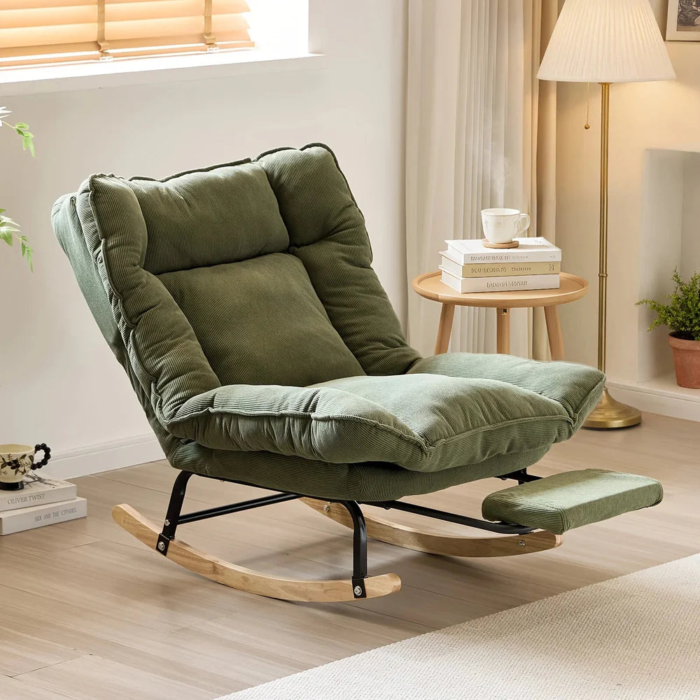 KLINO - Rocking Chair Inclinable 180° Corduroy Repose-pieds - Fauteuil à Bascule Extérieur Bois Métal Coussin Lavable