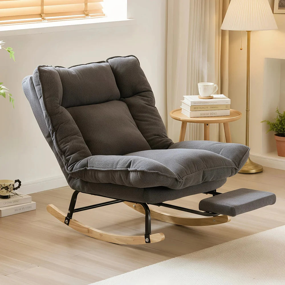 KLINO - Rocking Chair Inclinable 180° Corduroy Repose-pieds - Fauteuil à Bascule Extérieur Bois Métal Coussin Lavable