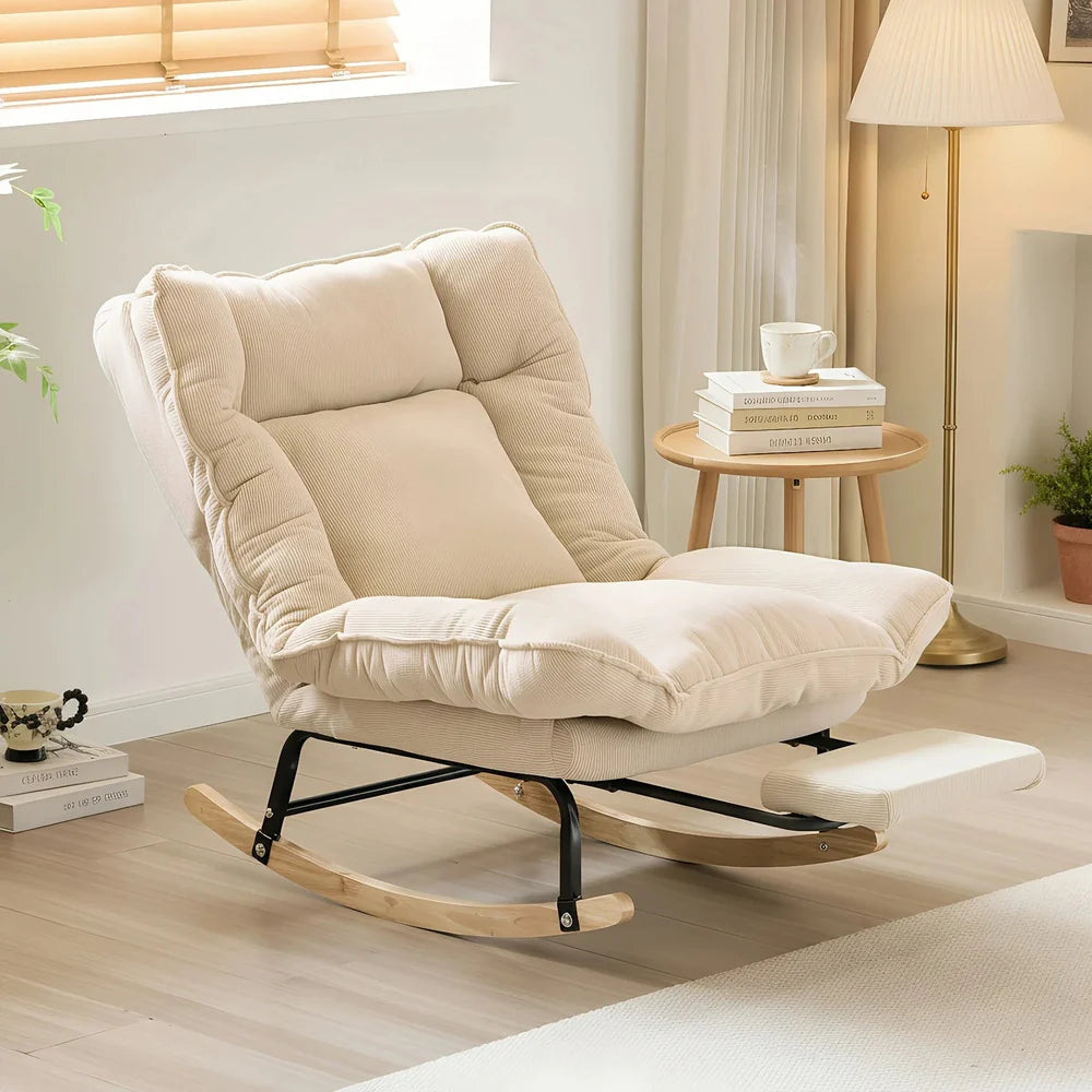 KLINO - Rocking Chair Inclinable 180° Corduroy Repose-pieds - Fauteuil à Bascule Extérieur Bois Métal Coussin Lavable