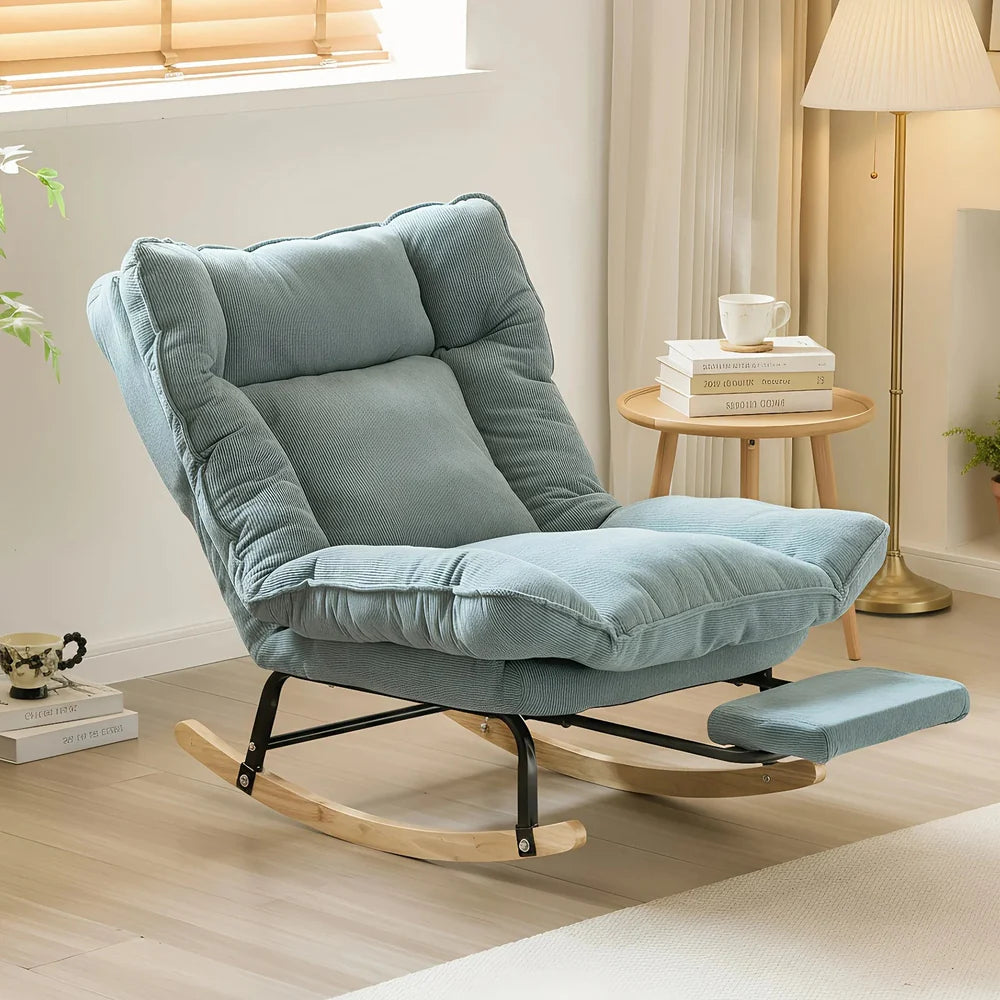 KLINO - Rocking Chair Inclinable 180° Corduroy Repose-pieds - Fauteuil à Bascule Extérieur Bois Métal Coussin Lavable