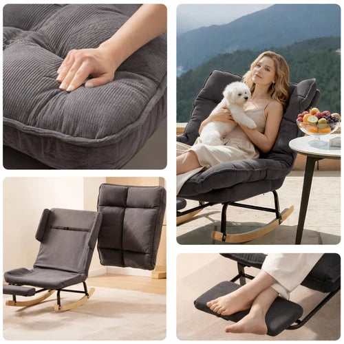 KLINO - Rocking Chair Inclinable 180° Corduroy Repose-pieds - Fauteuil à Bascule Extérieur Bois Métal Coussin Lavable