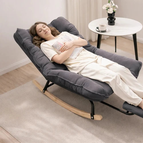 KLINO - Rocking Chair Inclinable 180° Corduroy Repose-pieds - Fauteuil à Bascule Extérieur Bois Métal Coussin Lavable