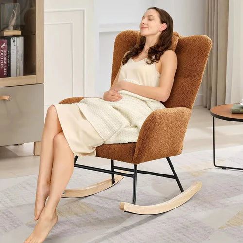 WINGA - Rocking Chair Allaitement Wingback Teddy Bouclé - Fauteuil à Bascule Appuie-tête Amovible