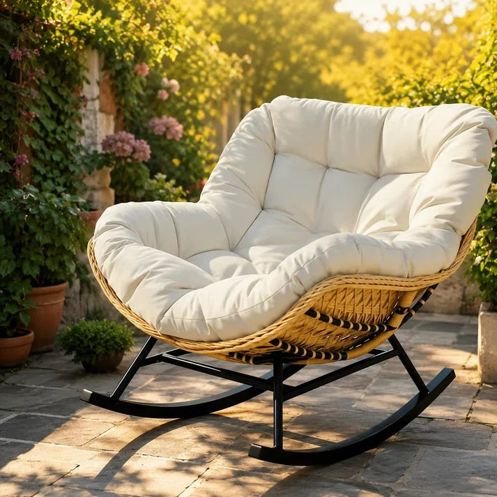 BALINA - Fauteuil à Bascule Papasan Rotin Plein & Coussin Épais