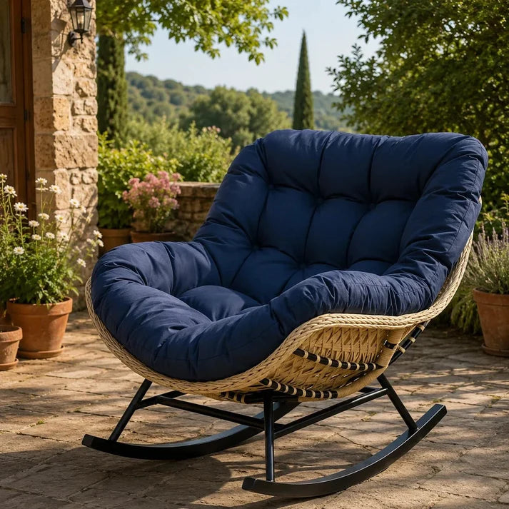 BALINA - Fauteuil à Bascule Papasan Rotin Plein & Coussin Épais