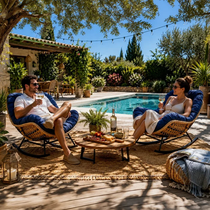 BALINA - Fauteuil à Bascule Papasan Rotin Plein & Coussin Épais