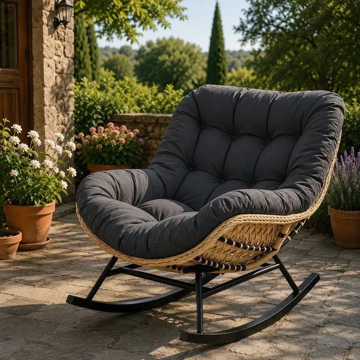 BALINA - Fauteuil à Bascule Papasan Rotin Plein & Coussin Épais