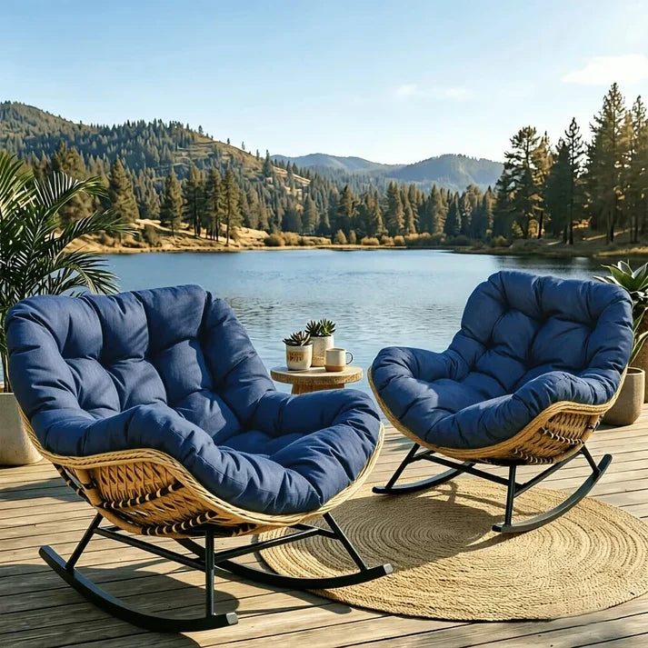 BALINA - Fauteuil à Bascule Papasan Rotin Plein & Coussin Épais
