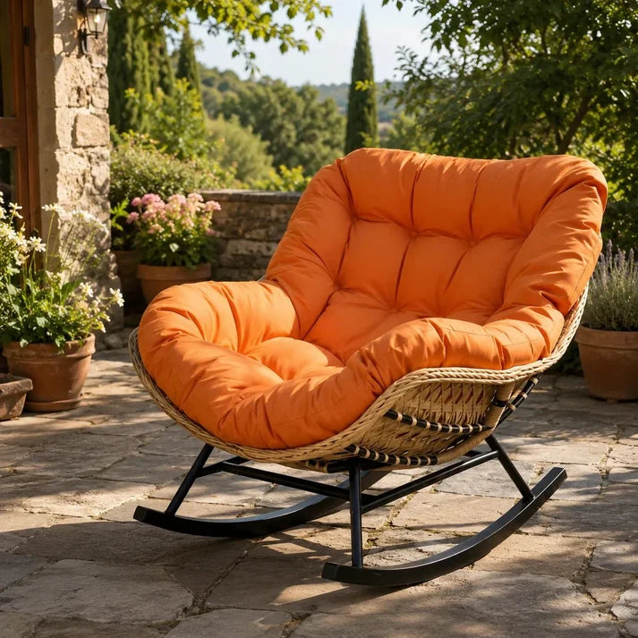 BALINA - Fauteuil à Bascule Papasan Rotin Plein & Coussin Épais