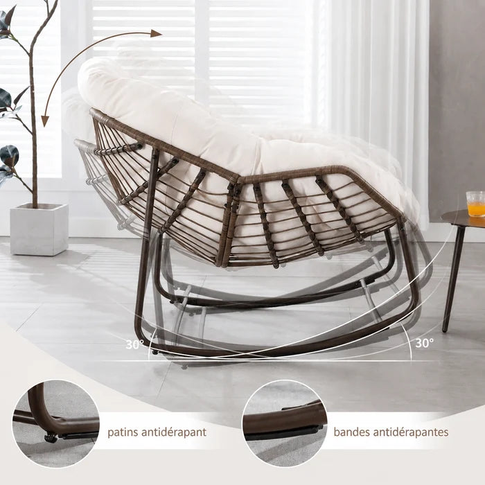 COCOONA – Fauteuil à Bascule Papasan Rotin & Velours Côtelé