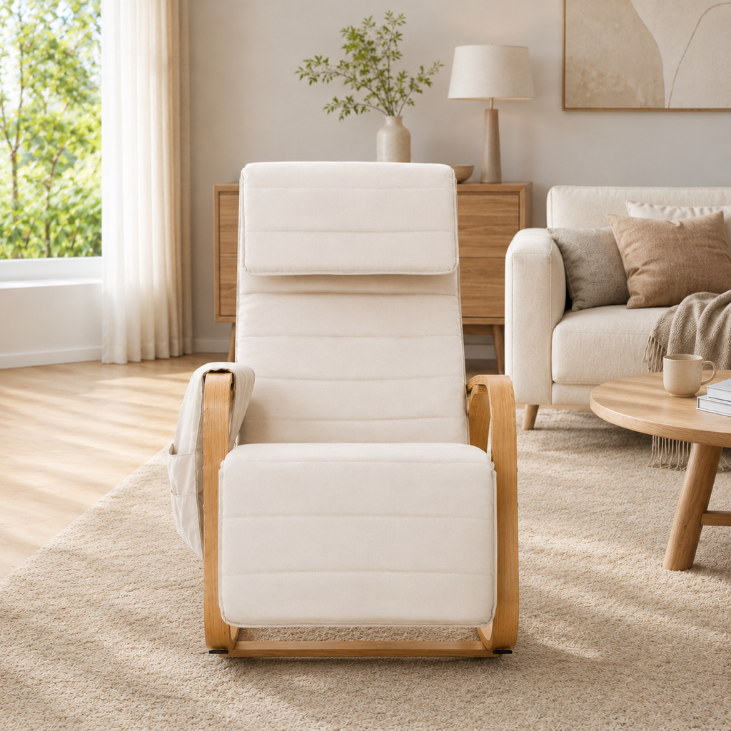 Fauteuil à bascule moderne beige en bois courbé — Alramo Solina