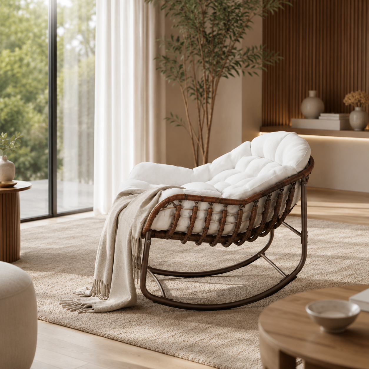 Rocking Chair Effet Rotin & Coussin Confortable — Milano