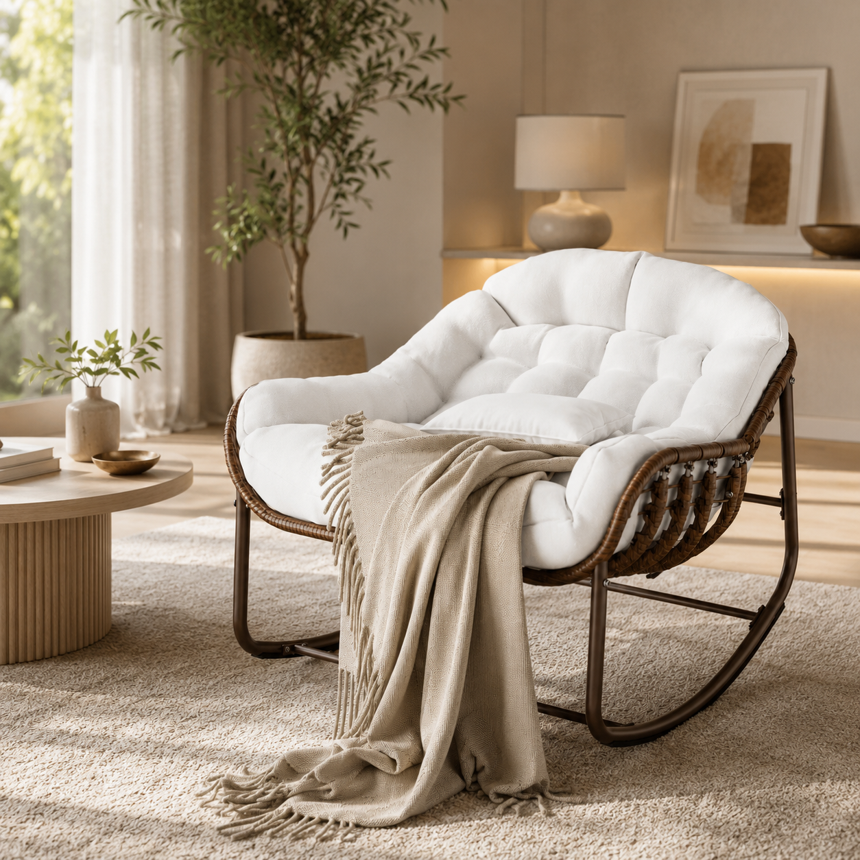 Rocking Chair Effet Rotin & Coussin Confortable — Milano