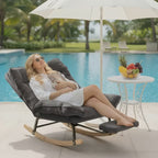 KLINO - Rocking Chair Inclinable 180° Corduroy Repose-pieds - Fauteuil à Bascule Extérieur Bois Métal Coussin Lavable