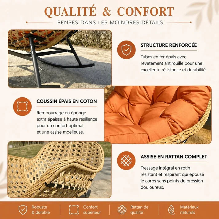 BALINA - Fauteuil à Bascule Papasan Rotin Plein & Coussin Épais