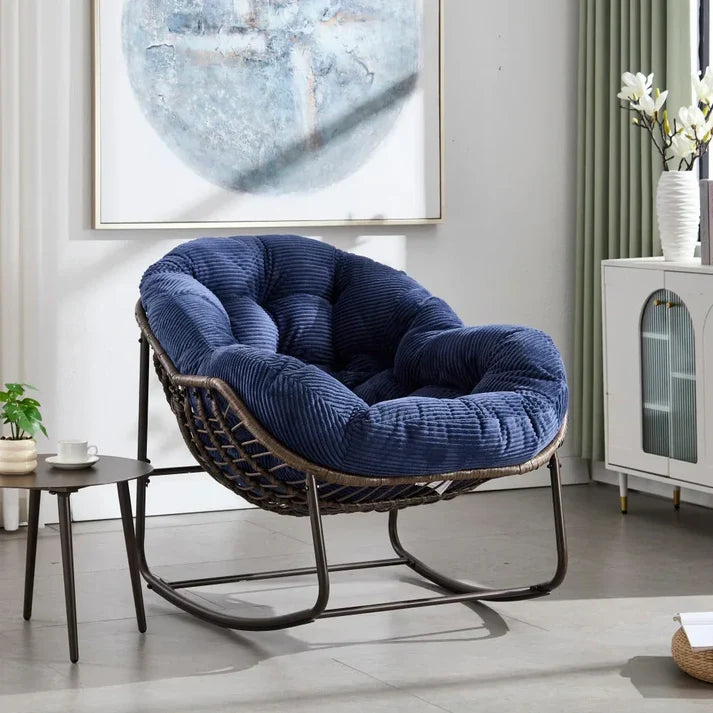 COCOONA – Fauteuil à Bascule Papasan Rotin & Velours Côtelé