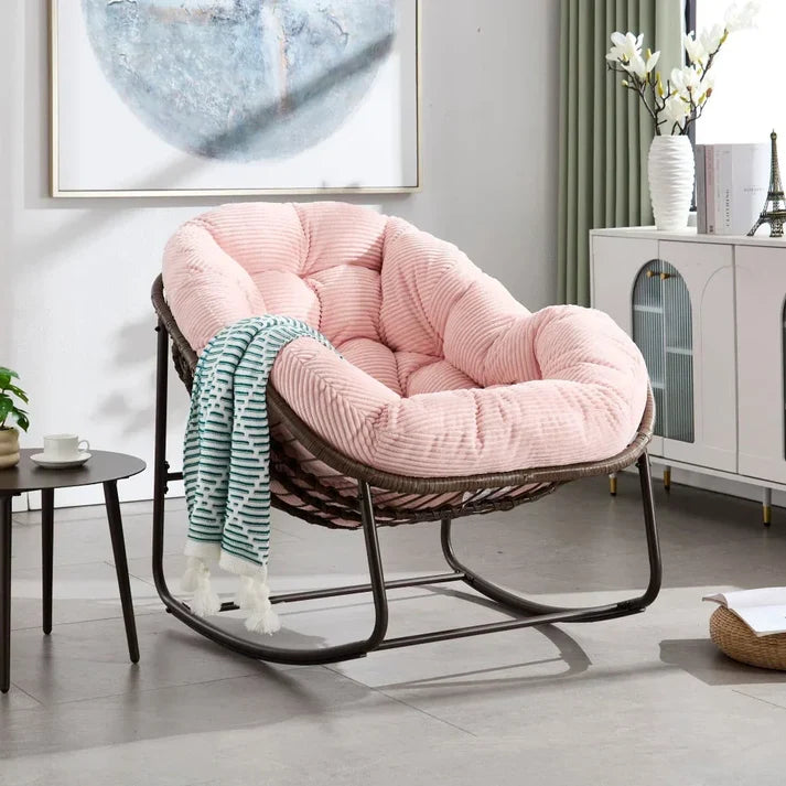 COCOONA – Fauteuil à Bascule Papasan Rotin & Velours Côtelé