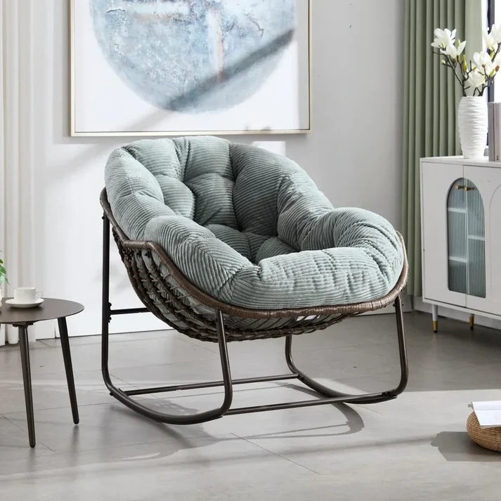 COCOONA – Fauteuil à Bascule Papasan Rotin & Velours Côtelé