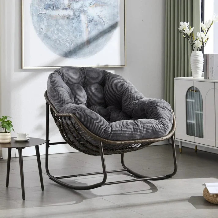 COCOONA – Fauteuil à Bascule Papasan Rotin & Velours Côtelé