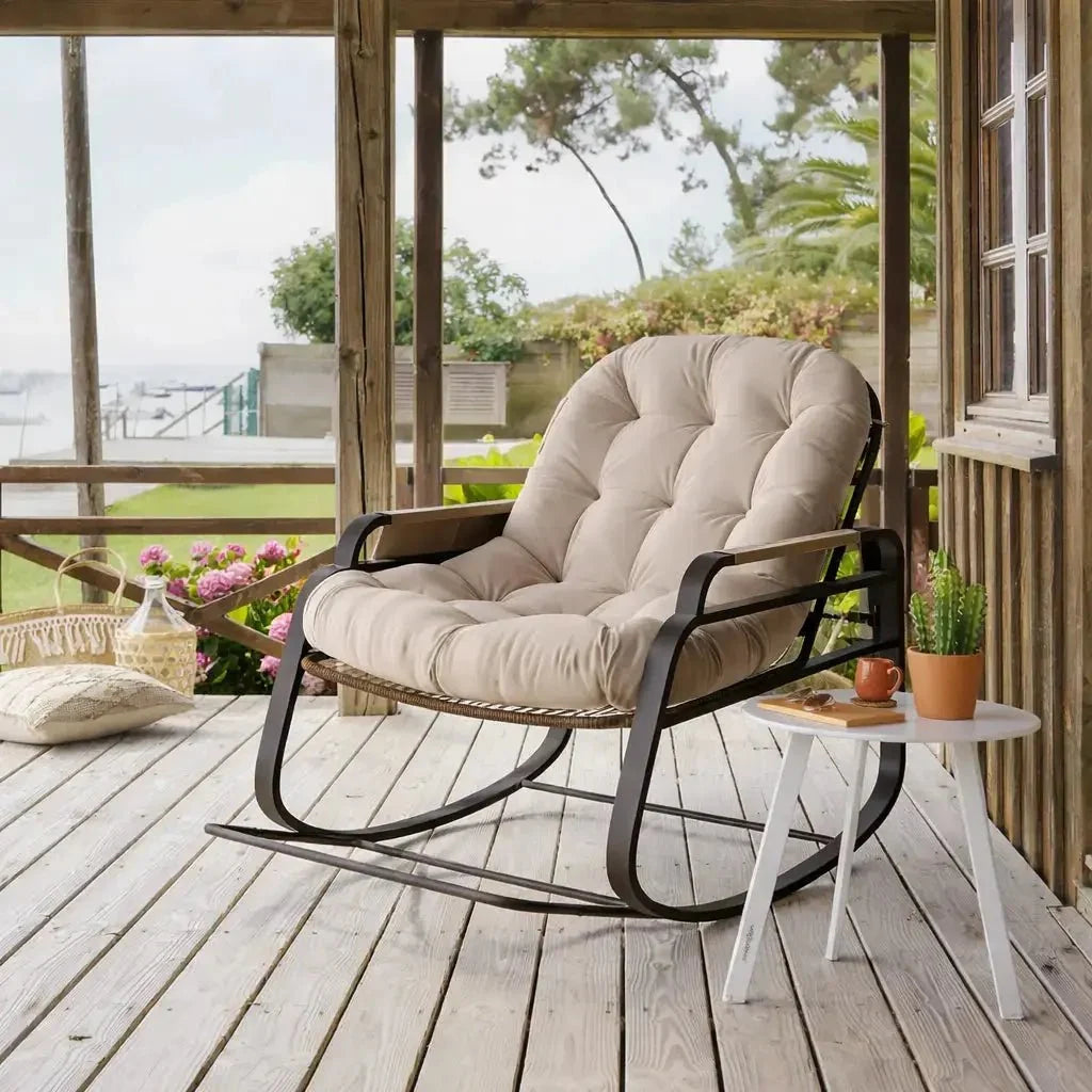 ARKOA Rotin - Rocking Chair Extérieur Résistant Intempéries - Fauteuil à Bascule Jardin Terrasse Balcon