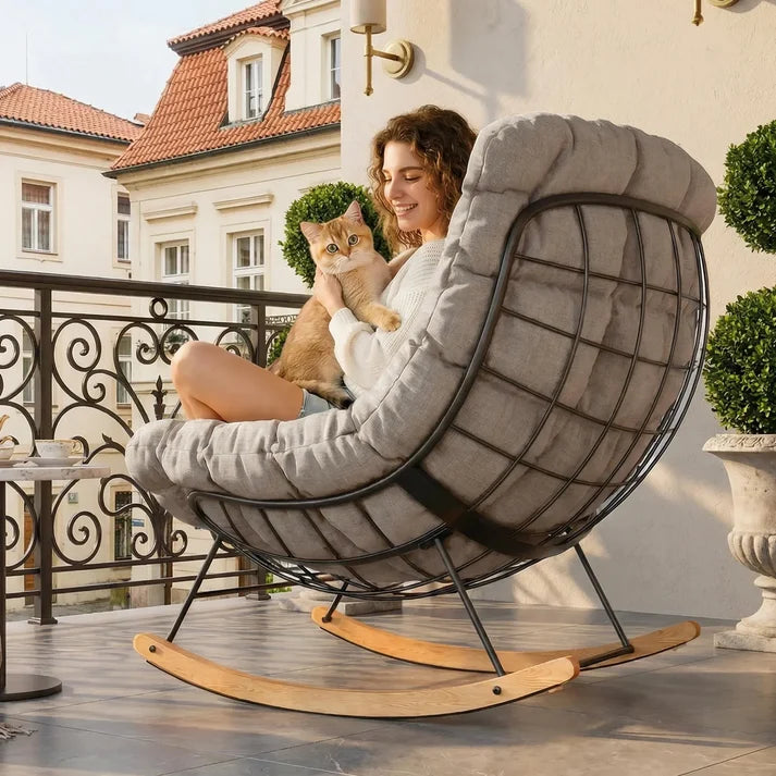 SLIVA – Fauteuil à Bascule Extérieur Coussin Épais Acier & Bois d'Érable