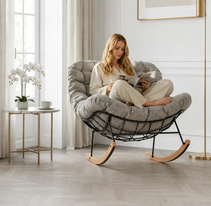 SLIVA – Fauteuil à Bascule Extérieur Coussin Épais Acier & Bois d'Érable