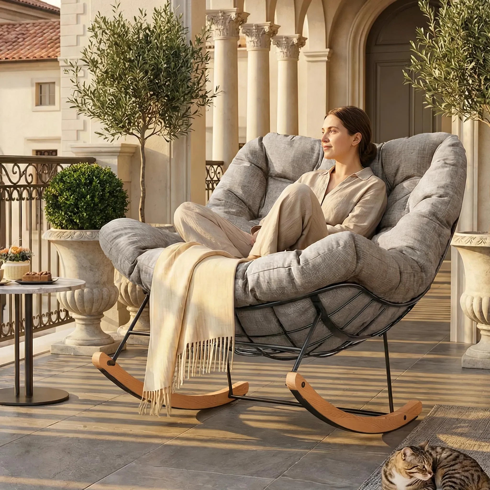 SOLVA – Fauteuil à Bascule Extérieur Coussin Épais Acier & Bois d'Érable
