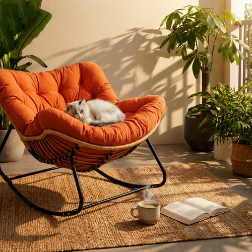 ROTEA - Rocking Chair Rotin Coussin XXL Lavable - Fauteuil à Bascule Bohème Toutes Saisons